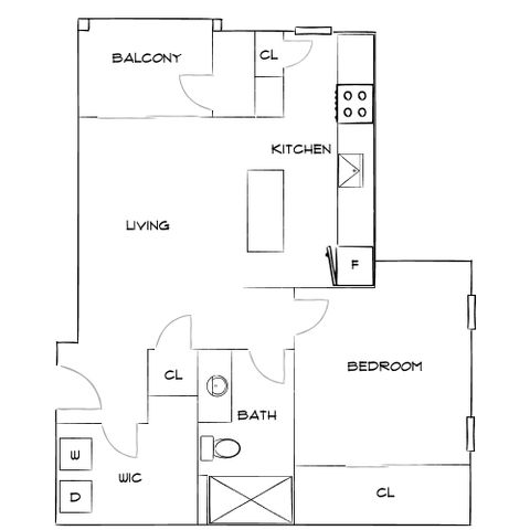 Modern floor plan showcasing a spacious living area, open kitchen, bedroom with ample closet space, and cozy balcony.