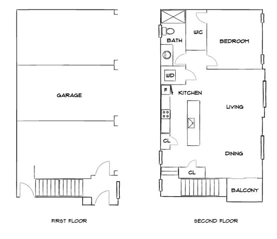 Chic two-story floor plan featuring a spacious garage, modern kitchen, open living and dining area, balcony, and a cozy bedroom with attached bath and walk-in closet.