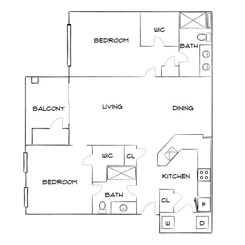 Modern 2D floor plan showcasing 2 bedrooms, expansive living and dining areas, elegant kitchen, bathrooms, and a private balcony.
