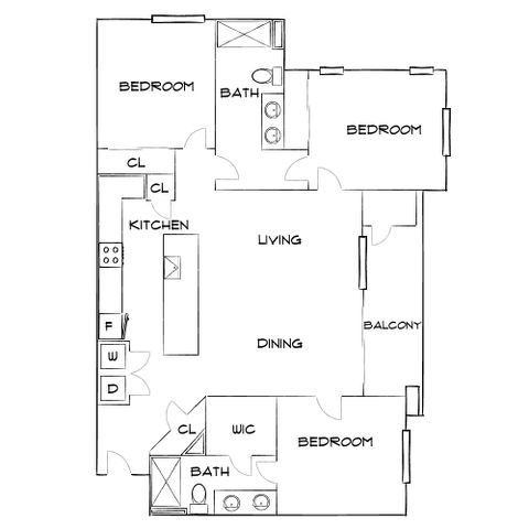 Contemporary floor plan featuring 3 bedrooms, spacious living and dining areas, and a cozy balcony, perfect for modern living.