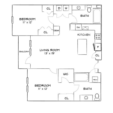 Elegant floor plan featuring 2 bedrooms, a spacious living room with balcony access, modern kitchen with appliances, and 2 bathrooms.