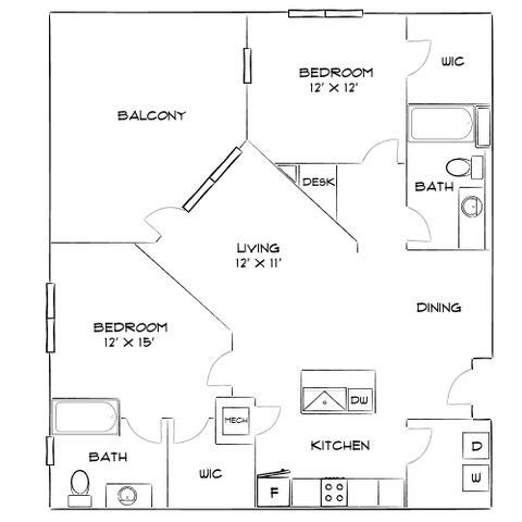 Inviting floor plan featuring 2 spacious bedrooms, open living area, modern kitchen, and private balcony.