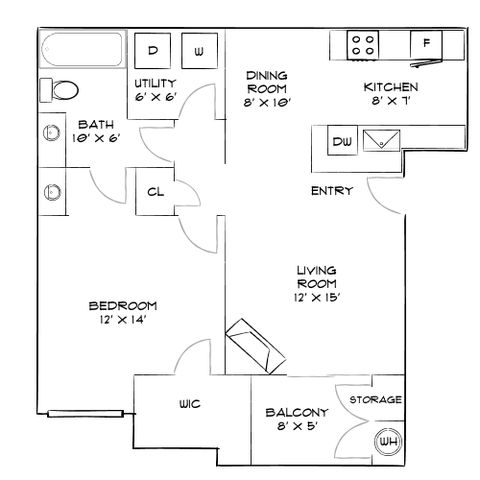 Inviting floor plan featuring a spacious 1-bedroom apartment with a large living room, modern kitchen, dining area, utility space, and a welcoming balcony.