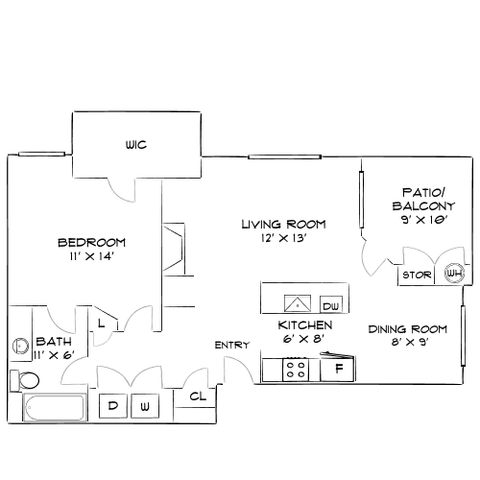 Modern floor plan showcasing a spacious 1-bedroom apartment with a large living room, open kitchen, dining area, and a cozy patio balcony.