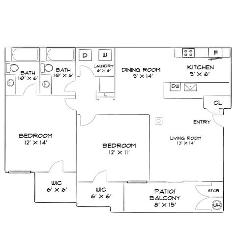 Elegant floor plan showcasing two spacious bedrooms, two baths, a modern kitchen, and a welcoming living room. Includes dining area, laundry room, and a generous patio/balcony for outdoor enjoyment.