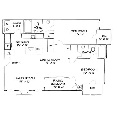 Inviting floor plan with 2 bedrooms, open-concept living and dining area, modern kitchen, two bathrooms, and a charming patio balcony.