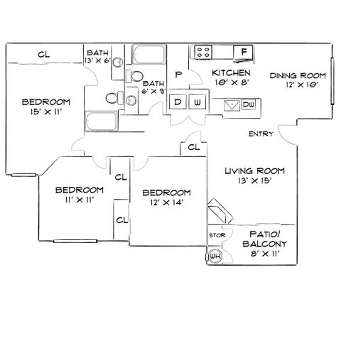 Charming 2D floor plan with 3 bedrooms, 2 bathrooms, a modern kitchen, and spacious living and dining areas. Features include a patio balcony ideal for relaxing.