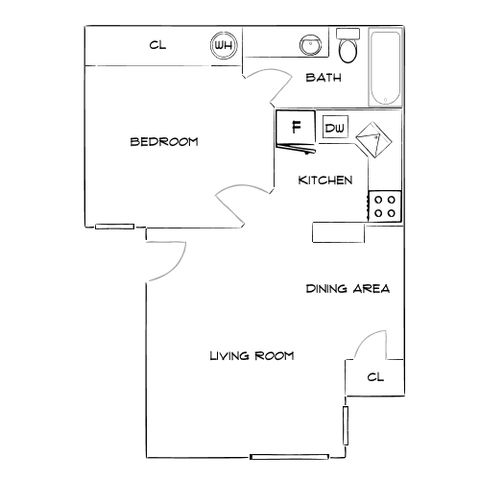 Efficient floor plan showcasing one bedroom, a cozy living room, dining area, and well-equipped kitchen with modern amenities.