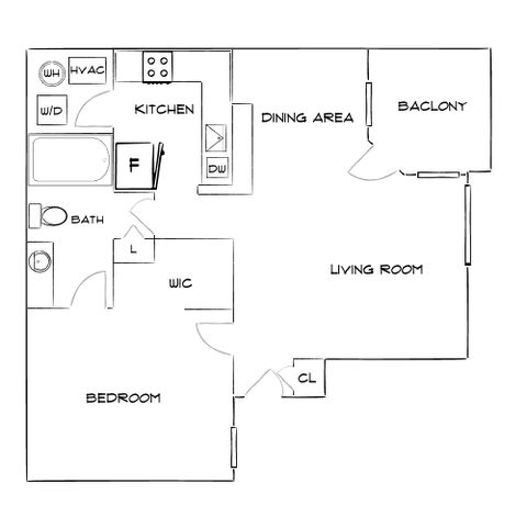 Modern apartment floor plan showcasing 1 bedroom, open kitchen with dining area, spacious living room, balcony, and convenient storage spaces.