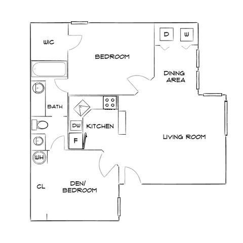 Elegant 2D floor plan featuring a spacious bedroom with walk-in closet, versatile den/bedroom, open kitchen, cozy living room, and dedicated dining area.