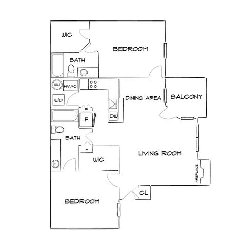 Modern floor plan featuring 2 bedrooms with walk-in closets, a cozy living room, dining area, stylish kitchen, and a private balcony.