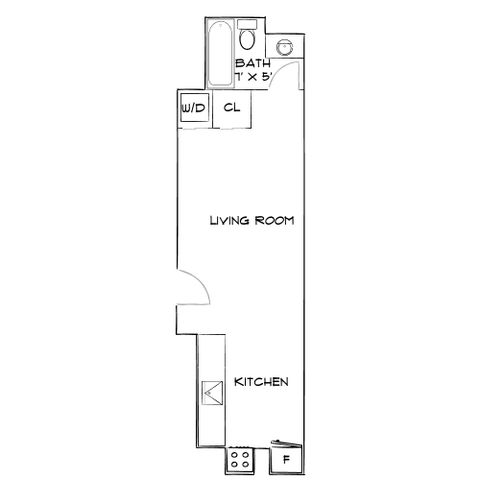 Efficient studio floor plan featuring an open living area, compact kitchen, and cozy bathroom.