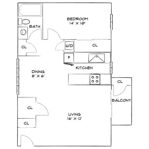 Inviting floor plan featuring a spacious living room, cozy dining area, and a well-equipped kitchen with adjacent balcony, perfect for entertaining.