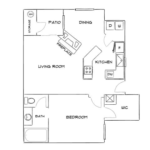 Contemporary floor plan showcasing one bedroom, a spacious living room with a fireplace, and a well-appointed kitchen with dining area and patio access.