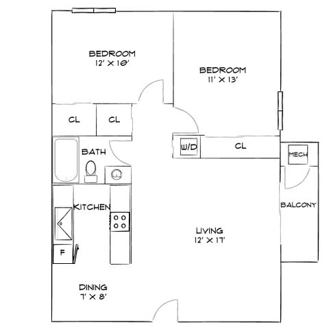 Inviting floor plan illustrating 2 cozy bedrooms, a modern kitchen, spacious living room, and a convenient balcony.