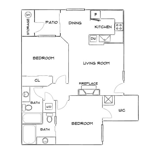 Modern floor plan featuring 2 bedrooms, 2 bathrooms, a spacious living room with fireplace, open dining area, and a well-equipped kitchen leading to a patio.
