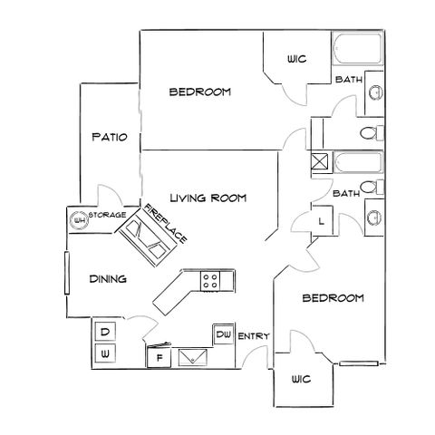 Charming apartment floor plan featuring 2 bedrooms, 2 baths, a cozy living room with a fireplace, open dining area, and a private patio.