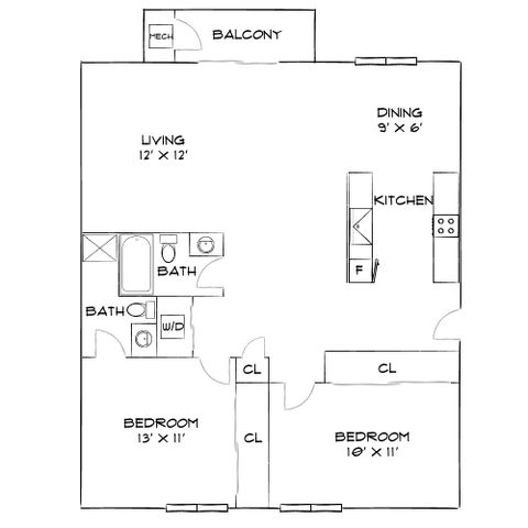 Modern floor plan showcasing 2 bedrooms, spacious living and dining areas, efficient kitchen, and private balcony access.