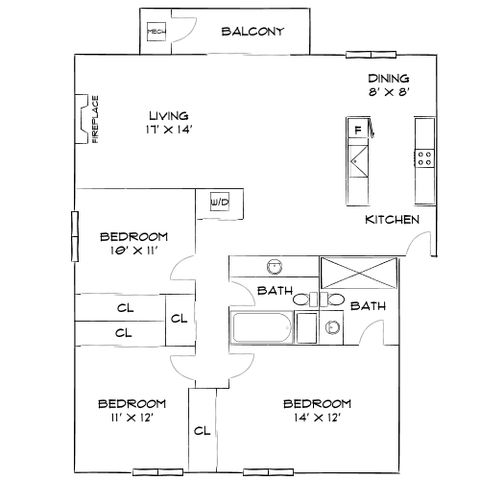 Modern floor plan showcasing three spacious bedrooms, open living area with fireplace, dining space, and kitchen. Includes balcony and two bathrooms for comfort.