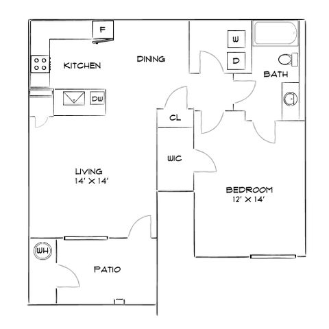 Modern floor plan showcasing 1 bedroom, open living area, kitchen, dining space, and a cozy patio.