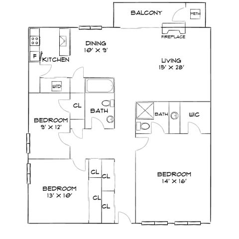 Elegant floor plan showcasing 3 spacious bedrooms, expansive living area with fireplace, modern kitchen, and balcony for outdoor relaxation.