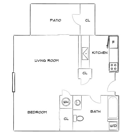 Charming floor plan showcasing a cozy 1-bedroom apartment with a spacious living room, modern kitchen, and inviting patio.