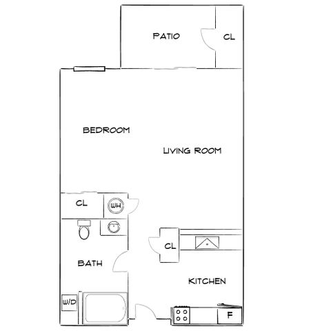 Modern 2D floor plan featuring a spacious bedroom, open-concept living room, and a sleek kitchen with patio access.