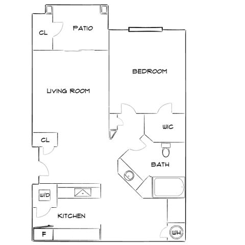 Charming apartment floor plan with a welcoming living room, a cozy bedroom with walk-in closet, a modern kitchen, and a serene patio for relaxation.