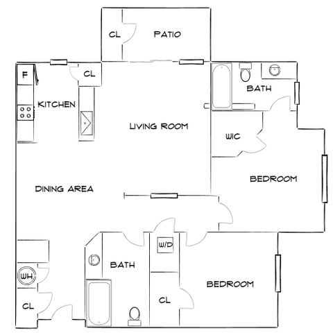 Inviting floor plan showcasing 2 bedrooms, 2 bathrooms, spacious living room with patio, and open dining area in a seamless layout.