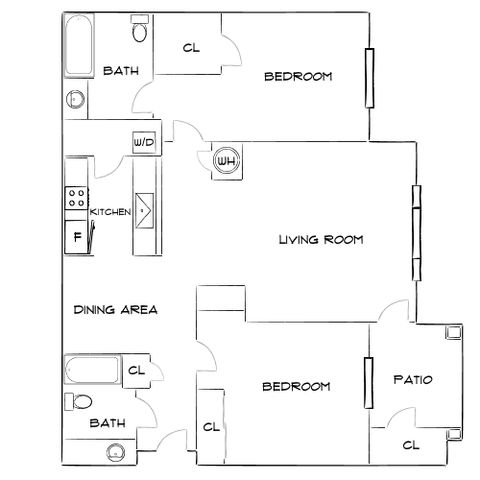 Elegant apartment floor plan showcasing 2 bedrooms, a spacious living room, modern kitchen, and private patio.