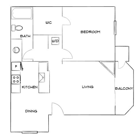 Chic floor plan showcasing a spacious one-bedroom apartment with a stylish living area, modern kitchen, and cozy balcony.