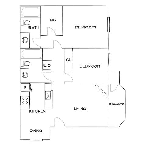 Modern apartment floor plan showcasing 2 bedrooms, a cozy living area, open kitchen with dining space, and a private balcony for relaxing.