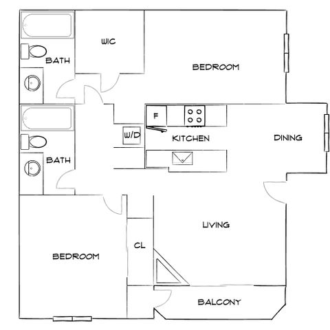 Modern 2D floor plan showcasing 2 bedrooms, 2 baths, a cozy living area, dining space, open kitchen, and a private balcony.