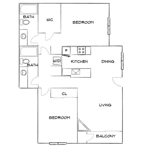 Modern 2D floor plan featuring 2 bedrooms, 2 bathrooms, an open kitchen and dining area, and a cozy living room leading to a balcony.