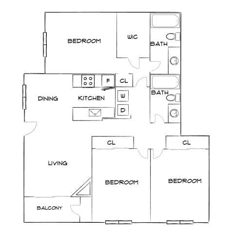 Inviting floor plan with three bedrooms, expansive living and dining area, modern kitchen, and private balcony.