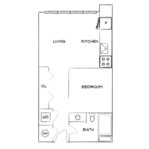 Modern floor plan with an open-concept living and kitchen area, one bedroom, and a well-appointed bathroom.