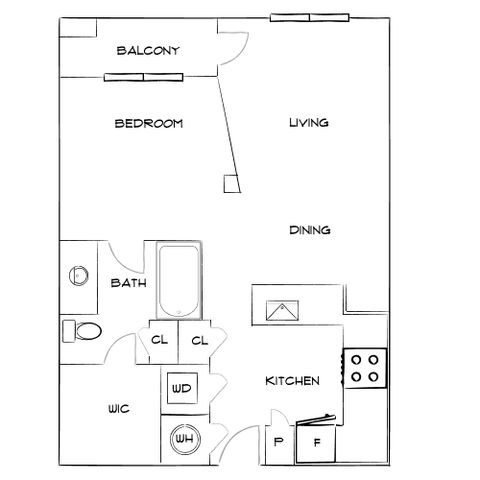 Chic floor plan showcasing a one-bedroom apartment with balcony, open living and dining area, modern kitchen, and a well-designed bath.