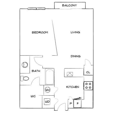 Modern floor plan featuring a spacious living area with balcony, one bedroom, kitchen, dining area, and bathroom.