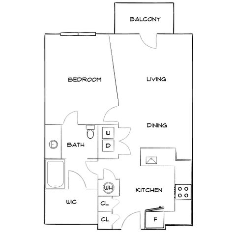 Inviting floor plan featuring a spacious bedroom, open living and dining area, modern kitchen, and a relaxing balcony.