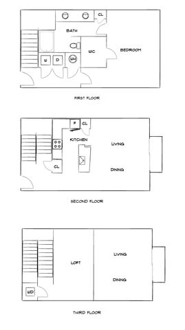 Spacious three-level floor plan featuring a bedroom with walk-in closet and bath on the first floor, open-concept kitchen, living, and dining area on the second floor, and a versatile loft on the third floor.