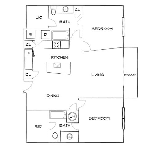 Elegant floor plan showcasing two bedrooms, open kitchen and living area, dining space, and two bathrooms with a balcony. Features convenient walk-in closets and ample storage.