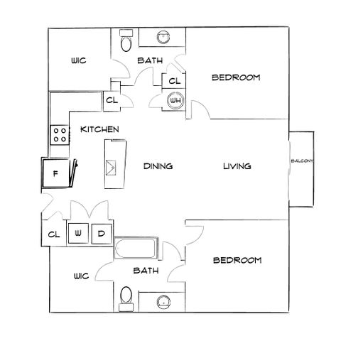 Modern floor plan with 2 bedrooms, spacious living and dining area, balconies, and well-equipped kitchen.