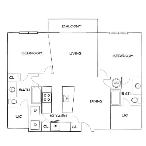 Modern apartment floor plan featuring two bedrooms, open living and dining areas, stylish kitchen, and a spacious balcony.