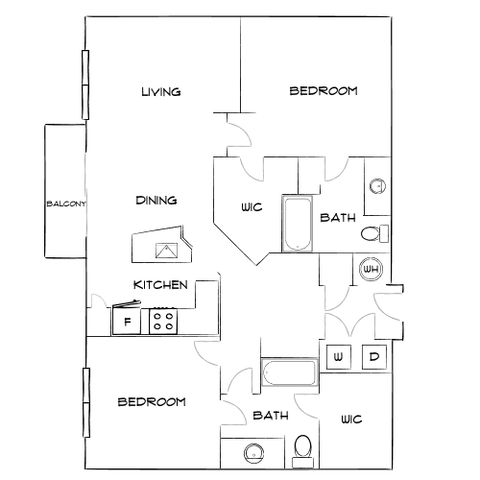 Chic floor plan highlighting 2 bedrooms, a spacious living room, modern kitchen, and dining area, complete with 2 bathrooms and walk-in closets.
