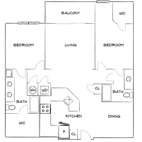 Elegant floor plan showcasing 2 bedrooms, open living area with balcony, modern kitchen with dining space, and ample storage options.
