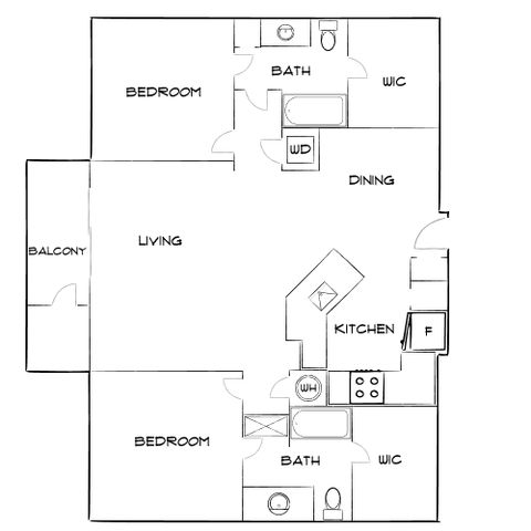 Modern floor plan showcasing a spacious living area with balcony, two bedrooms each with walk-in closets, two bathrooms, and a stylish kitchen with dining space.