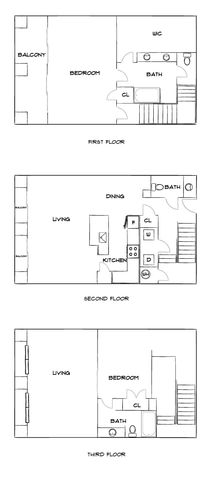 Elegant three-floor townhouse floor plan featuring spacious living areas, a modern kitchen, and two bedrooms each with attached baths. Enjoy open balconies on every level.