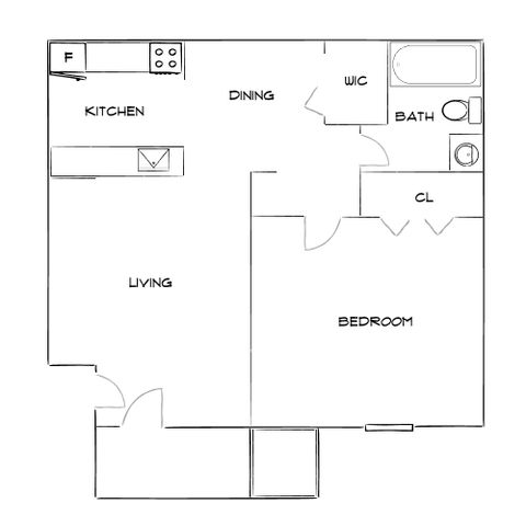 Modern floor plan showcasing an open kitchen, spacious living and dining area, and comfortable bedroom with walk-in closet.