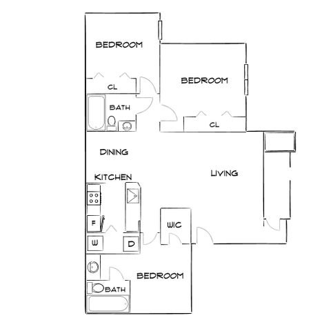 Chic floor plan showcasing 3 bedrooms, expansive living area, modern kitchen, and two baths for ultimate comfort.