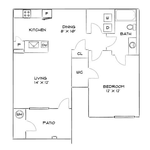 Inviting floor plan with a cozy bedroom, efficient kitchen, sunlit living room, and private patio access.